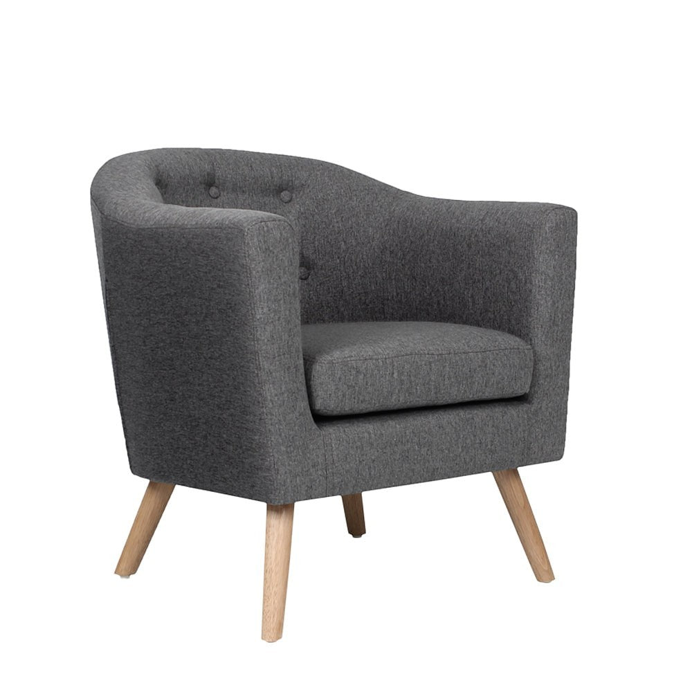 Megalong grey faux linen tub chair in a modern living room