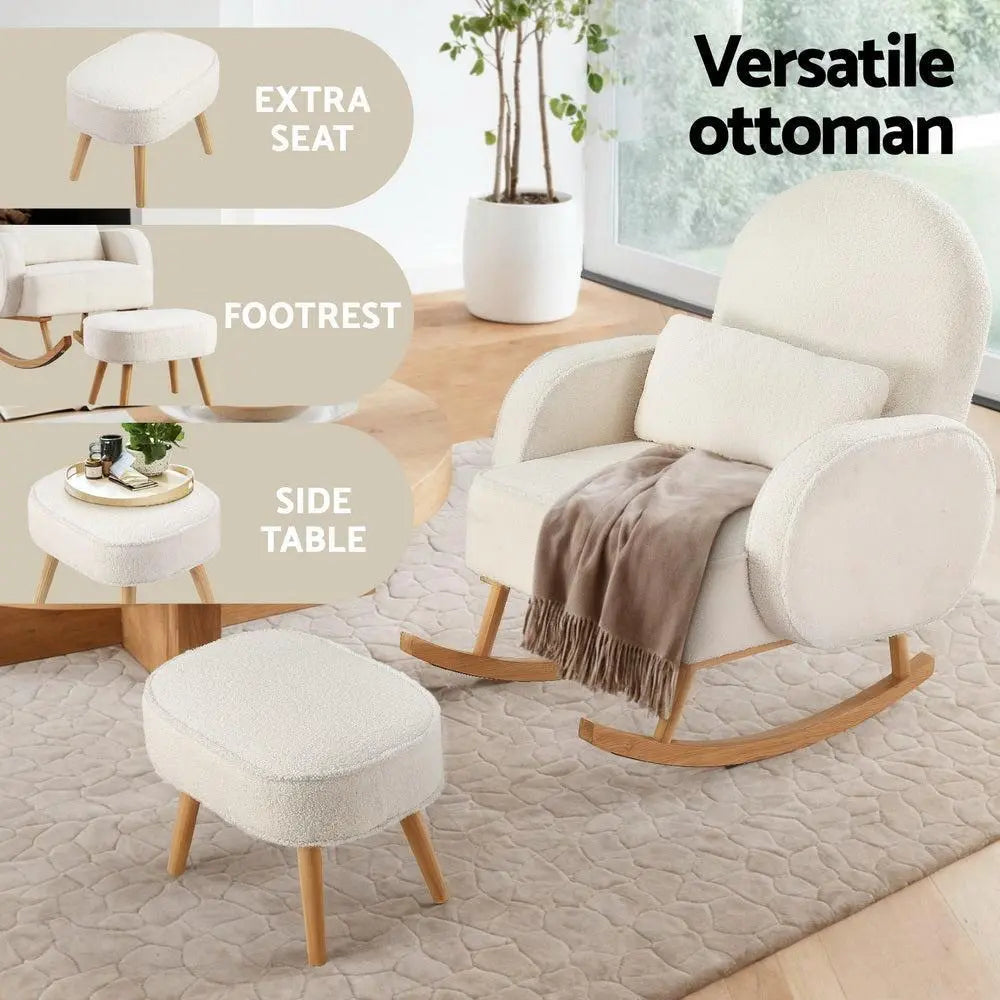 Boucle Rocking Chair with Ottoman - Elegant White Design