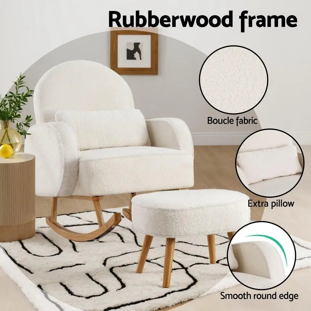 Boucle Rocking Chair with Ottoman - Elegant White Design
