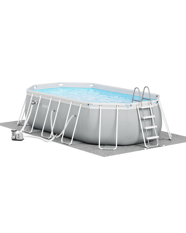 Large oval above ground frame swimming pool with ladder cover and filter pump