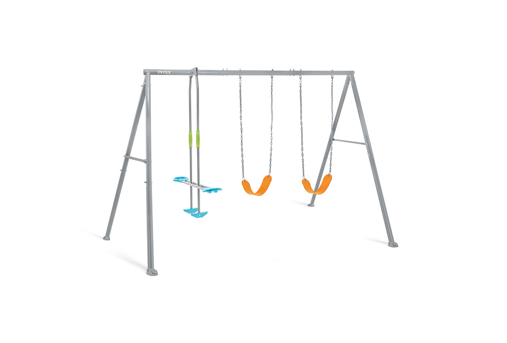 Three feature swing set with glider and two swings