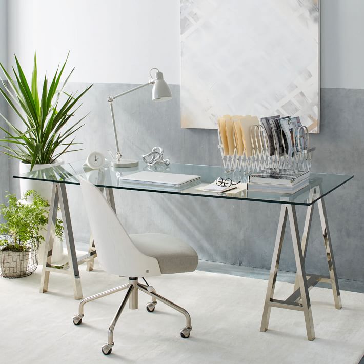 Hughes clear glass office desk in a home office