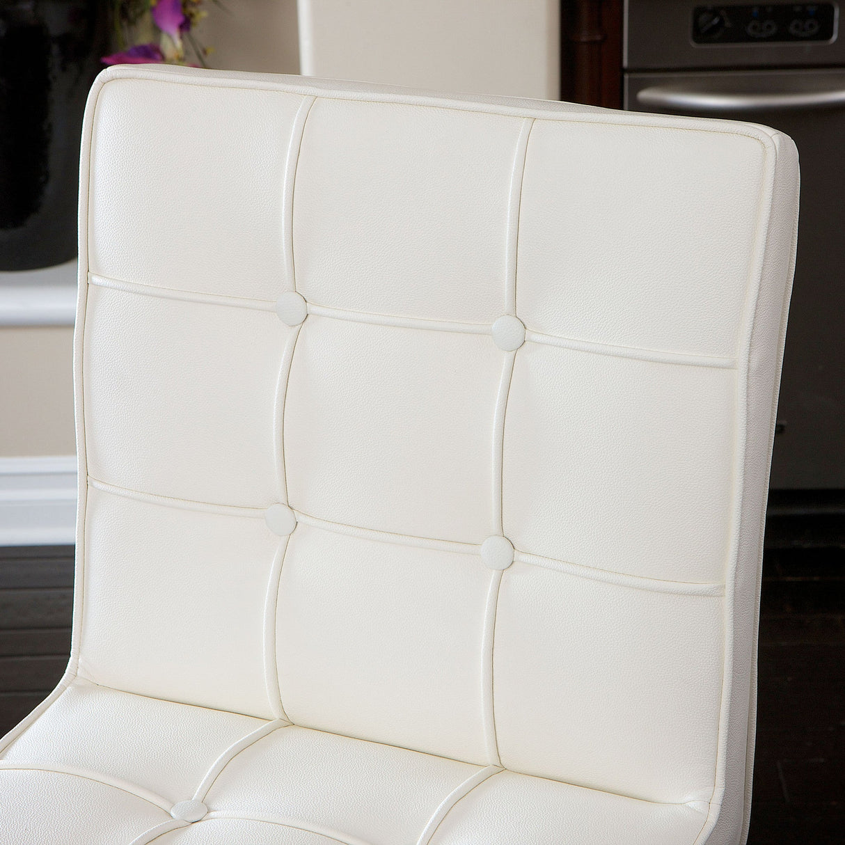 Pandora white leather bar stool at kitchen island — Allure Home Collections