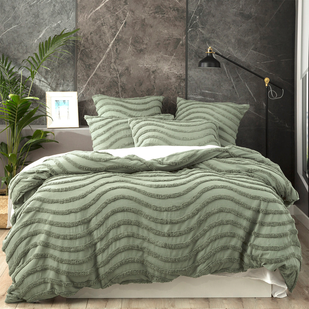 Sage chenille wave tufted cotton quilt cover with two pillowcases on a King bed