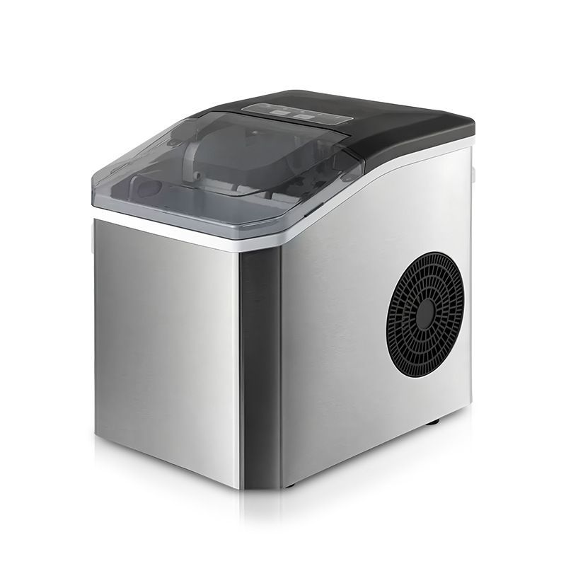 Countertop ice maker with the lid open showing the ice basket