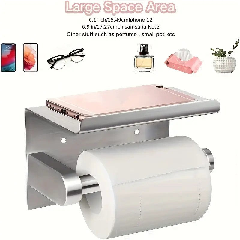 Erbalunga Toilet Paper Holder with Shelf, Stainless Steel, Wall Mounted, Silver