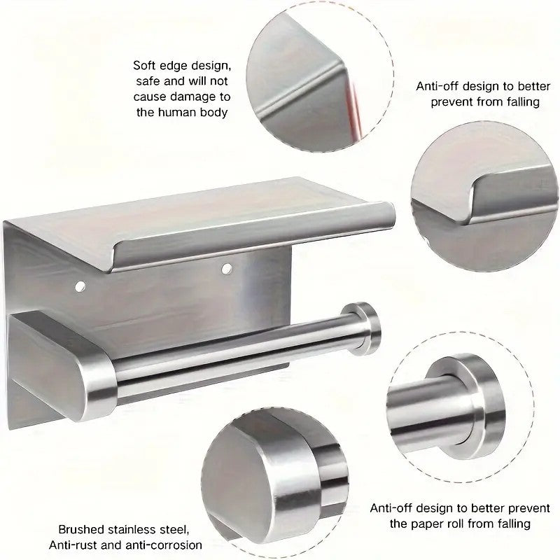 Erbalunga Toilet Paper Holder with Shelf, Stainless Steel, Wall Mounted, Silver