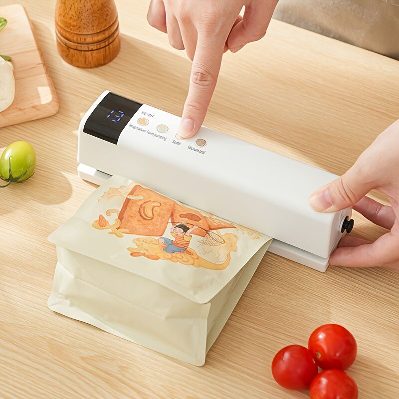 Cordless white vacuum sealer sealing a food storage bag on a kitchen bench