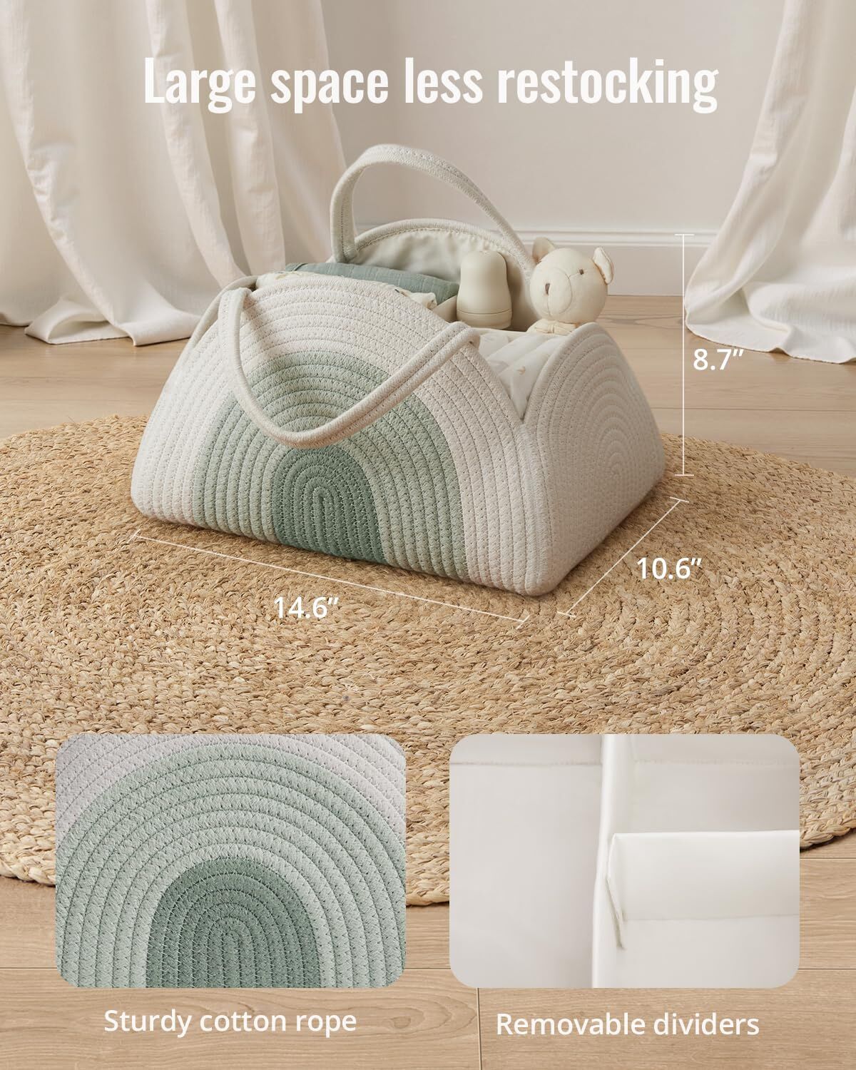 Cotton rope diaper caddy in mint rainbow design