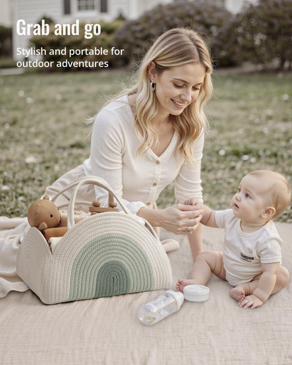 Cotton rope diaper caddy in mint rainbow design