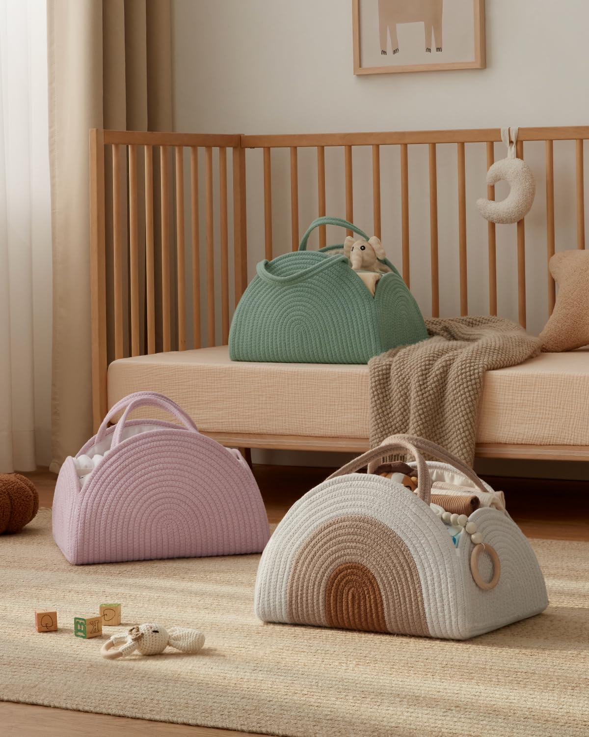 Cotton rope diaper caddy in earthy rainbow design