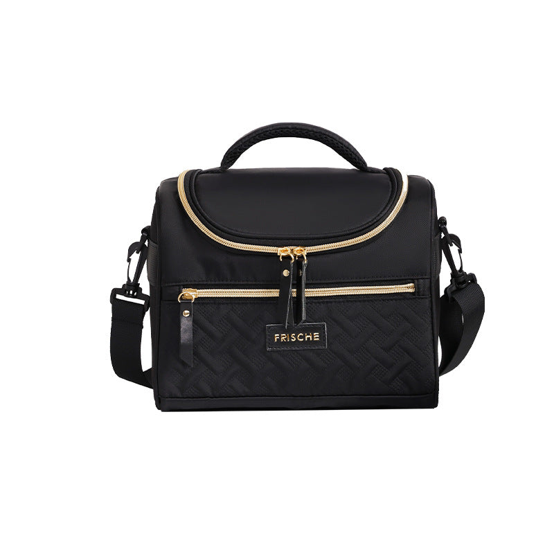 Black insulated lunch bag with adjustable shoulder strap