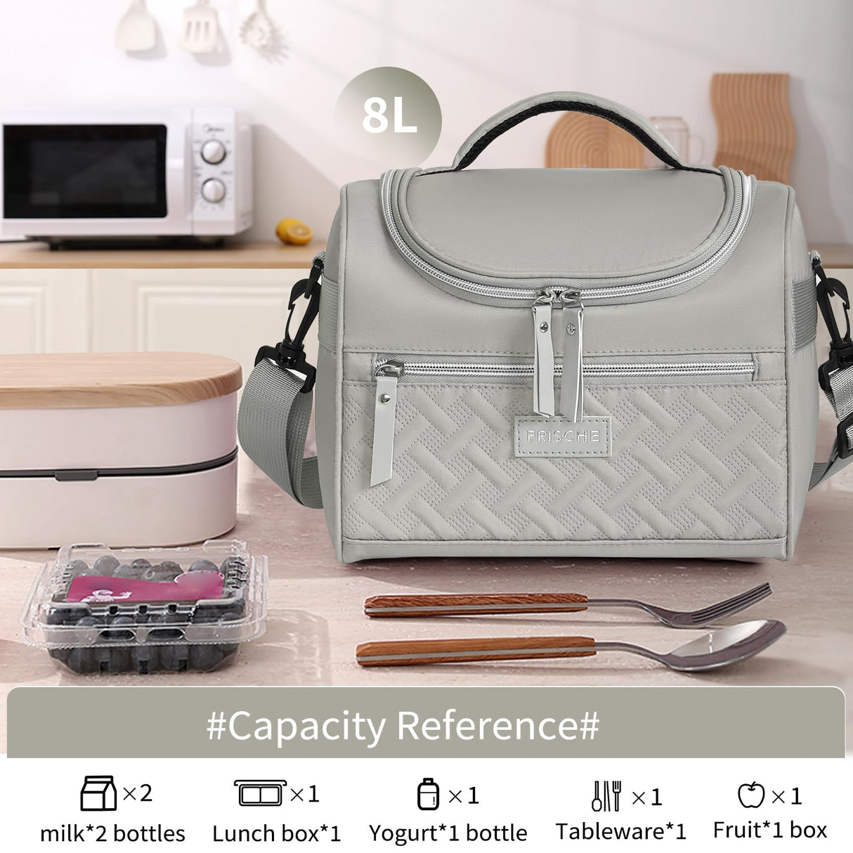 Tanja Insulated Lunch Bag, Adjustable Strap Cooler Tote, 8L, Grey