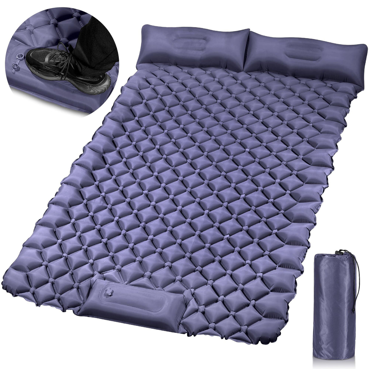 Moraine Camping Mattress, Double, Built In Pillow and Foot Pump, Dark Blue