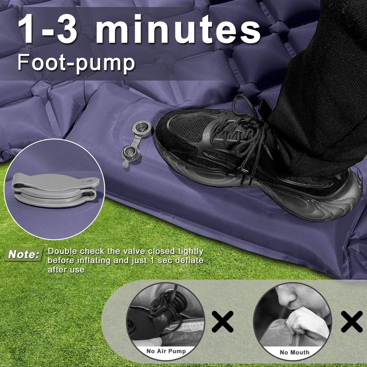 Moraine Camping Mattress, Double, Built In Pillow and Foot Pump, Dark Blue