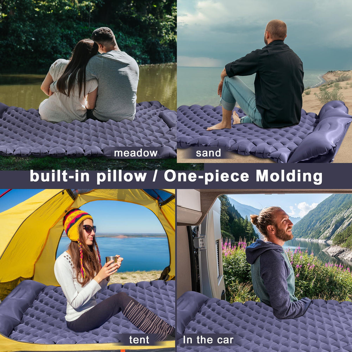 Moraine Camping Mattress, Double, Built In Pillow and Foot Pump, Dark Blue