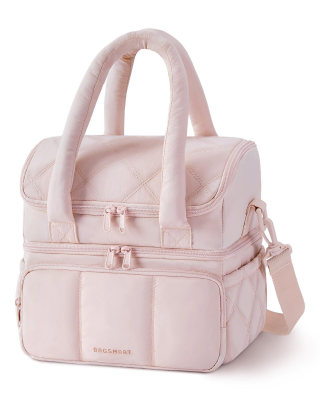 Pink double layer quilted insulated lunch tote for work and travel