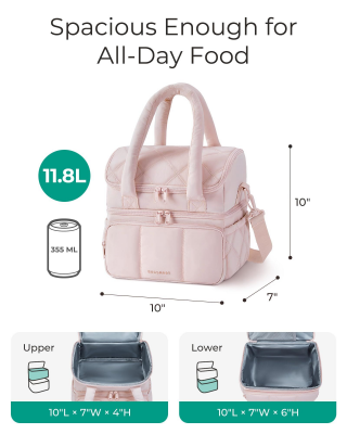 Cuttagee Insulated Lunch Bag, Double Layer Quilted Cooler Tote, 11.8L, Beige