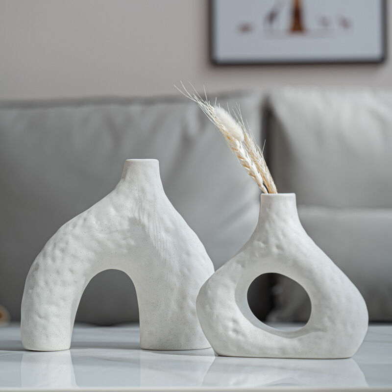 Two piece matte white speckled ceramic vase set, arched and round mouth