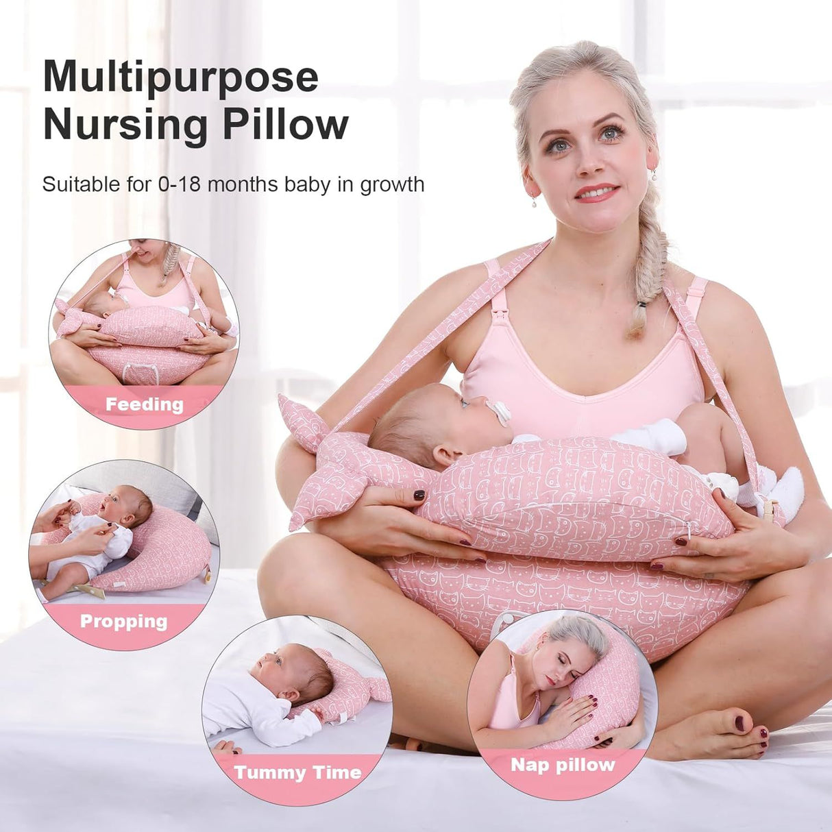 Pink multipurpose nursing pillow with adjustable waist strap