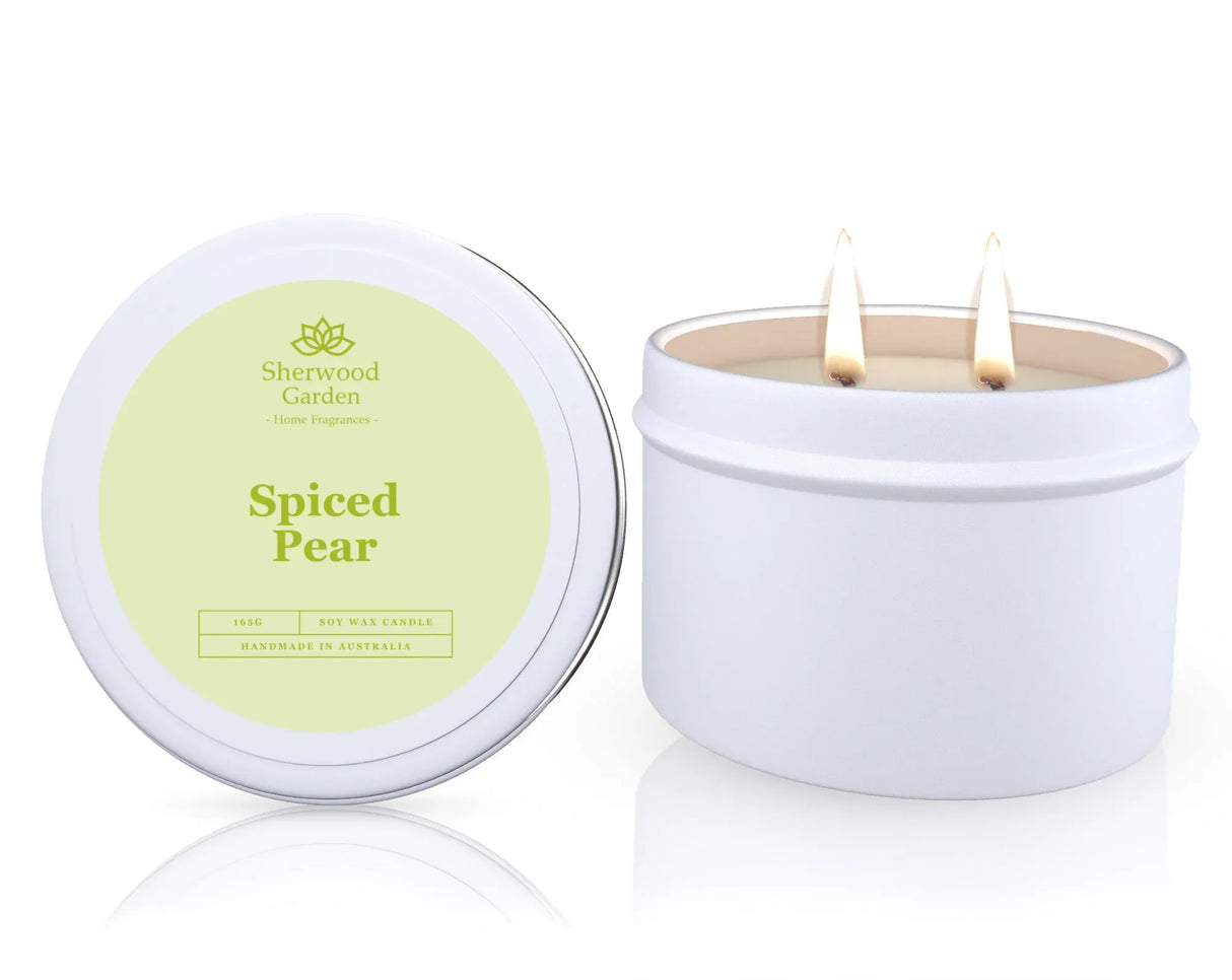 Spiced Pear soy candle in a tin