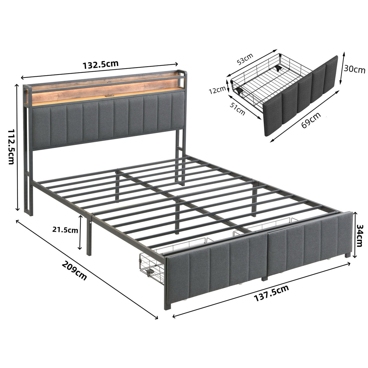 Sutri Double Storage Bed Frame, Grey