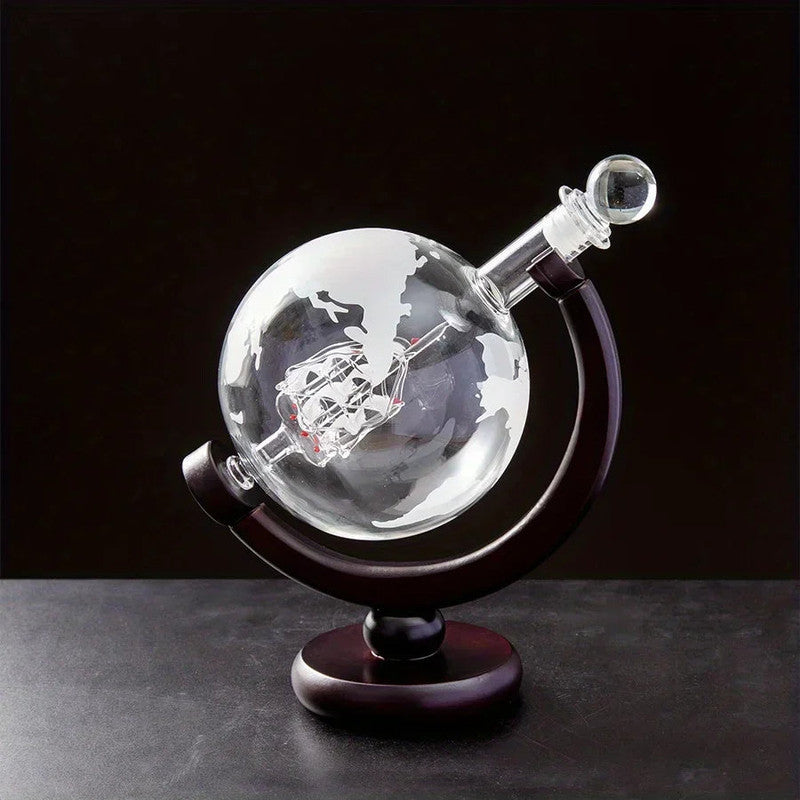 Sirmione Whiskey Decanter Set, Globe, with 2 Glasses and Wooden Stand