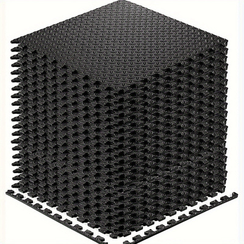 Black interlocking EVA foam fitness floor tiles joined together