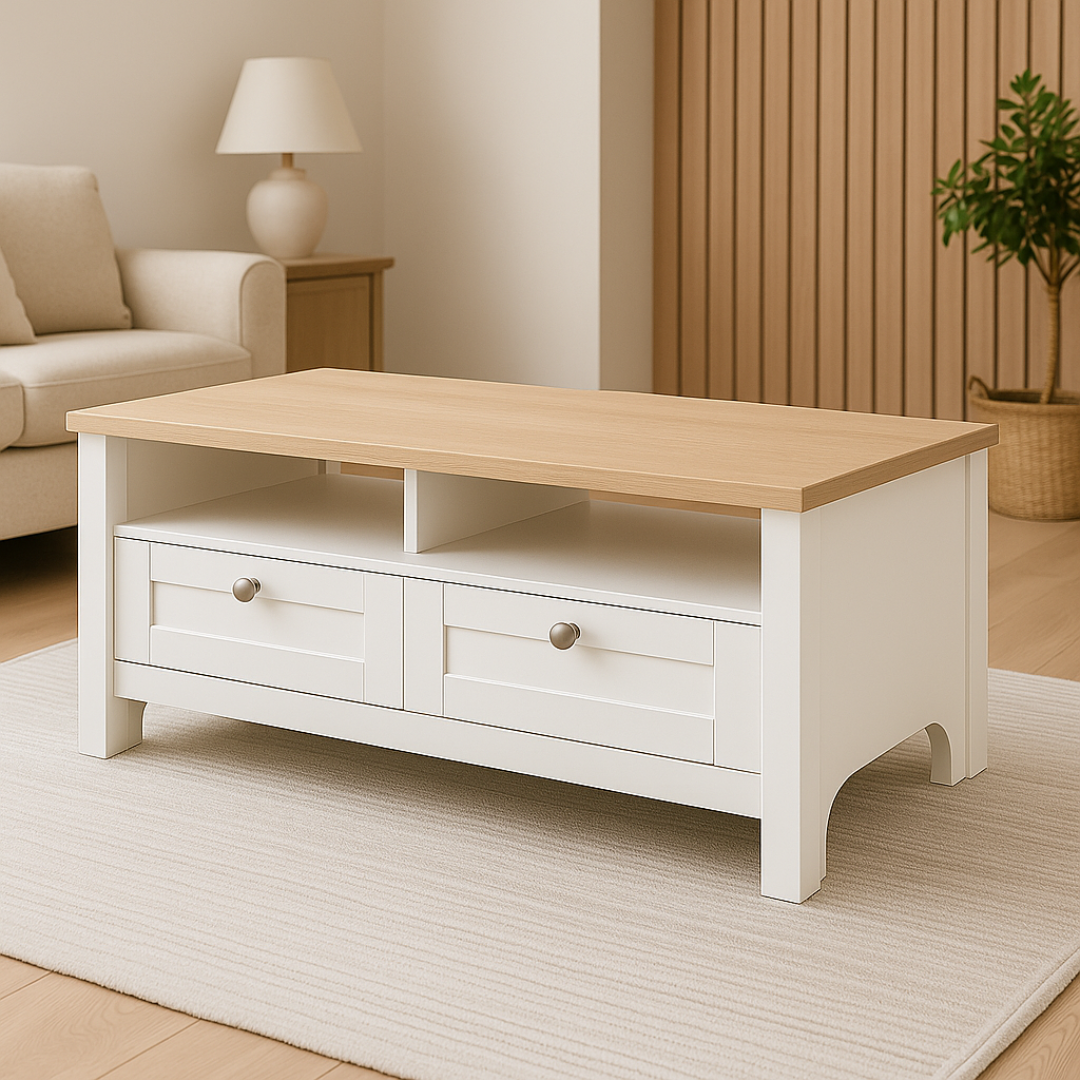 Tallarook white oak particle board coffee table in a modern living room