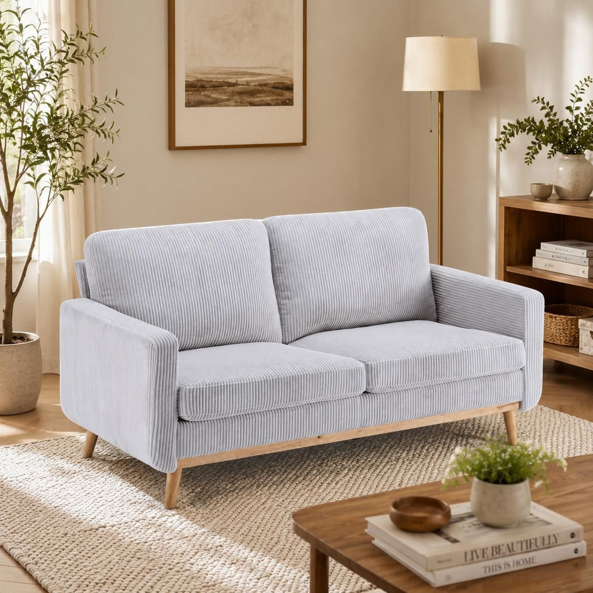 Roses Light Grey fabric sofa in a modern living room