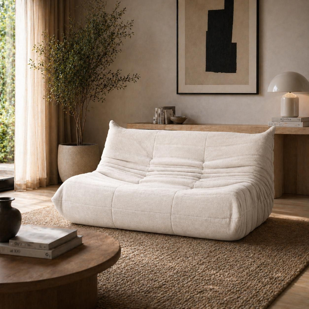 Calella Beige fabric sofa in a modern living room