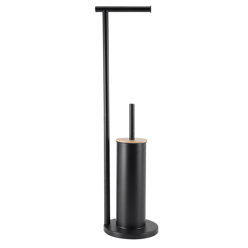 Black freestanding 2 in 1 toilet roll holder and toilet brush stand with bamboo lid