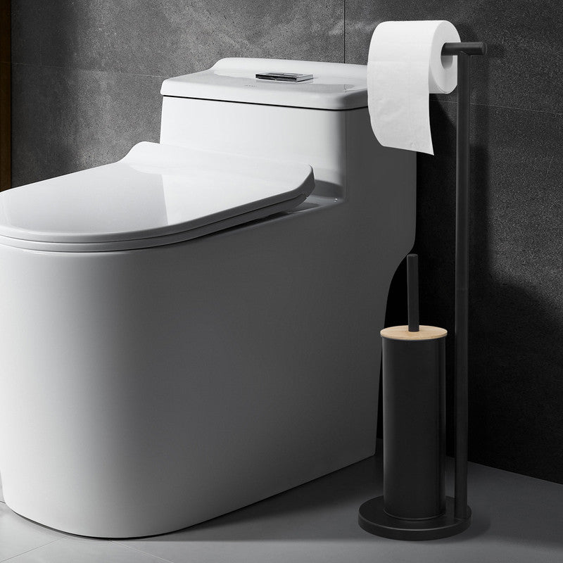 Dimension view of the black bamboo lid toilet brush and roll holder, 20 x 17 x 66 cm
