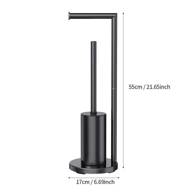 Toilet brush lifted from the side holder of the black freestanding bathroom stand