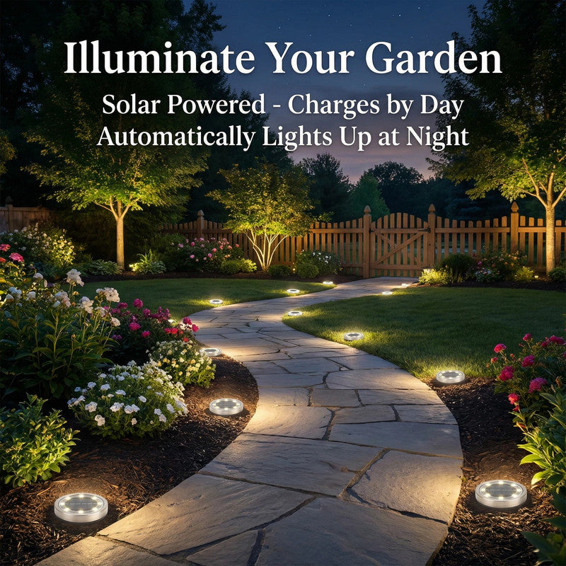 Warm white solar ground lights lining a garden pathway at night
