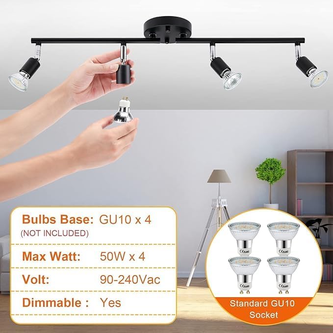 Four way black GU10 swivel ceiling spotlight track light