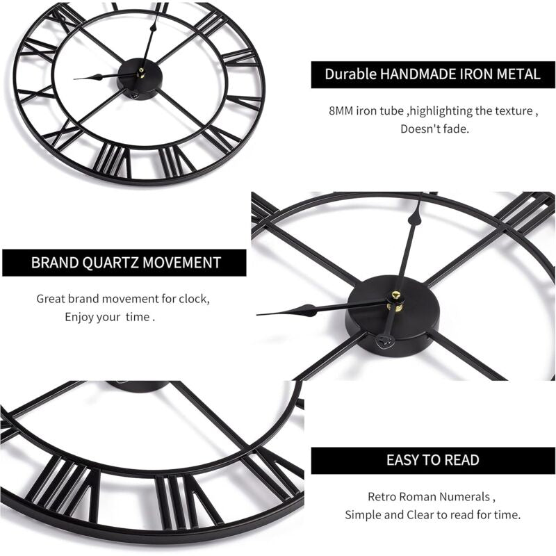 Large metal Roman numeral wall clock 40cm frame detail