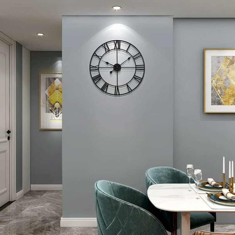 Large metal Roman numeral wall clock 40cm shown on wall