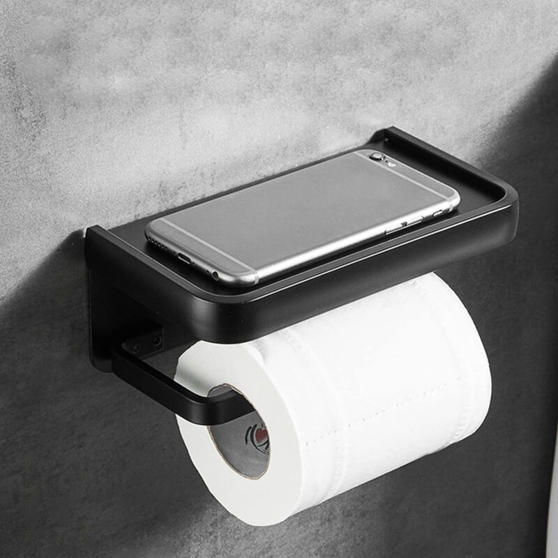 Aleria Toilet Paper Holder with Storage Shelf, Aluminium, Wall Mounted, Black