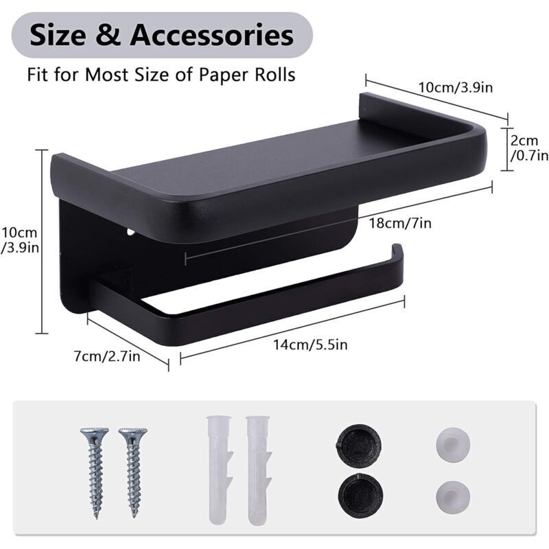 Aleria Toilet Paper Holder with Storage Shelf, Aluminium, Wall Mounted, Black