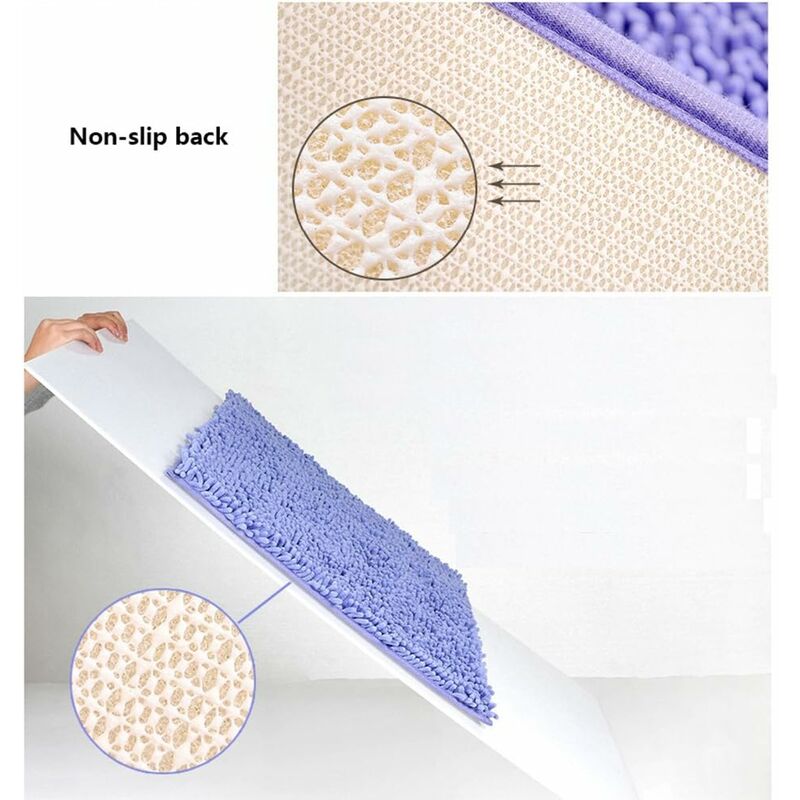 Shaggy chenille bath mat shown beside a basin, with its non slip base on tiled flooring