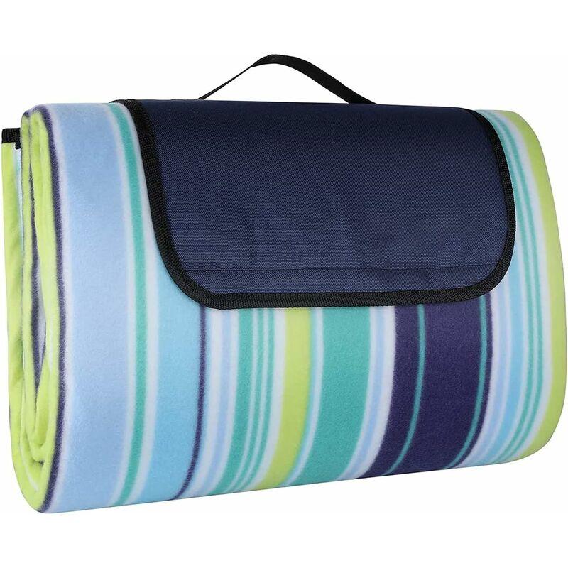 Buttermere fleece picnic blanket 200 x 200cm on sand with soft fleece top, carry handle and water resistant sand proof aluminium backing