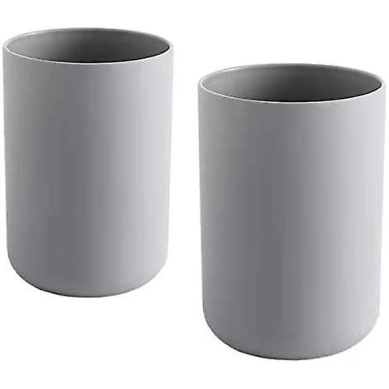 Grey 300 mL plastic toothbrush cup holding toothbrushes and a tube of toothpaste