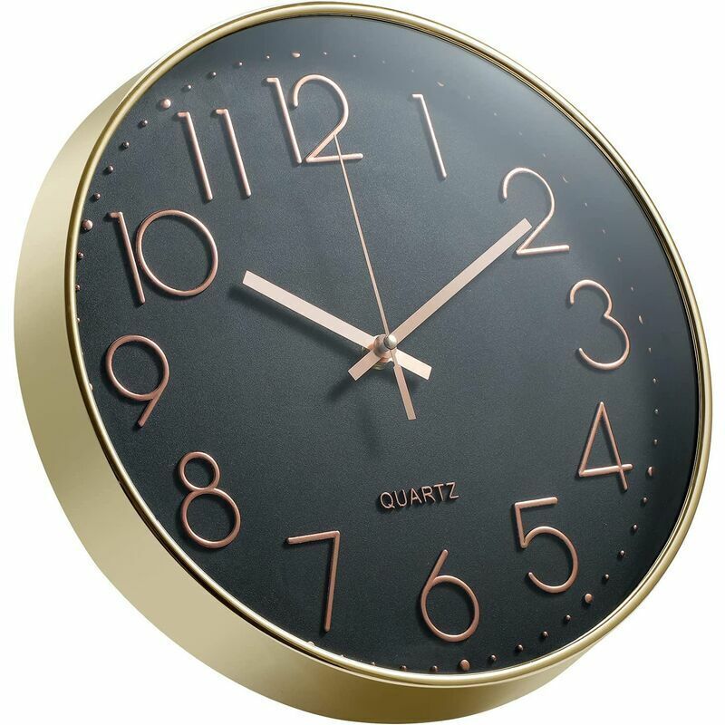 Yellow dial silent wall clock 12 inch angled view