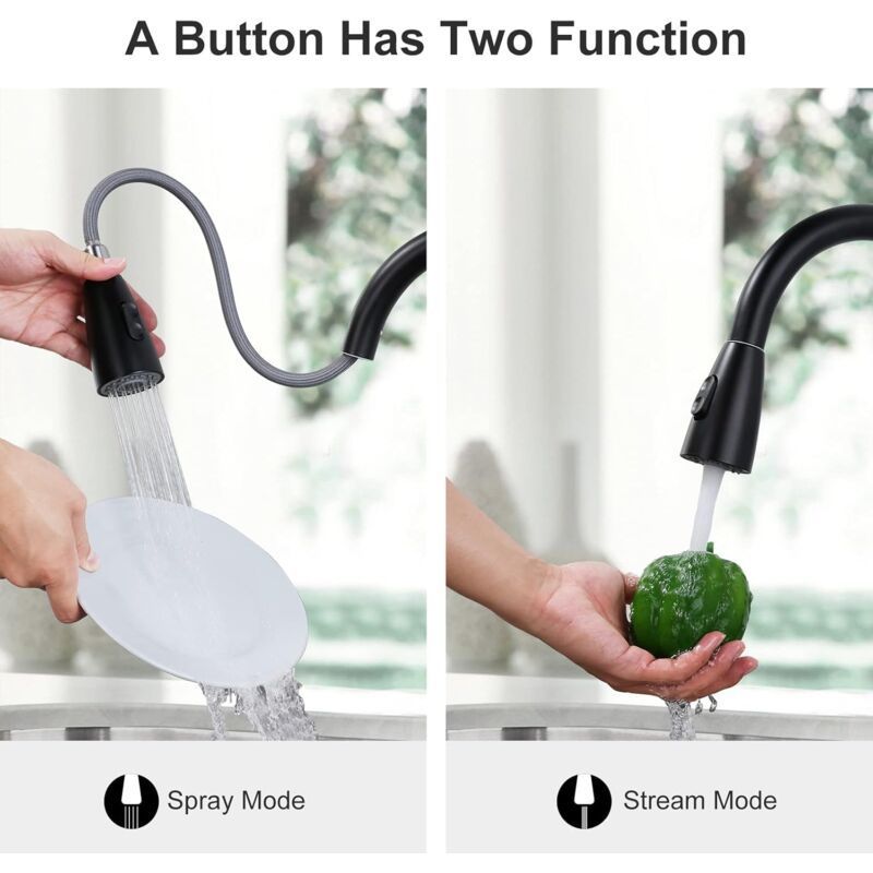 Black stainless steel kitchen mixer tap with pull down sprayer and high spout