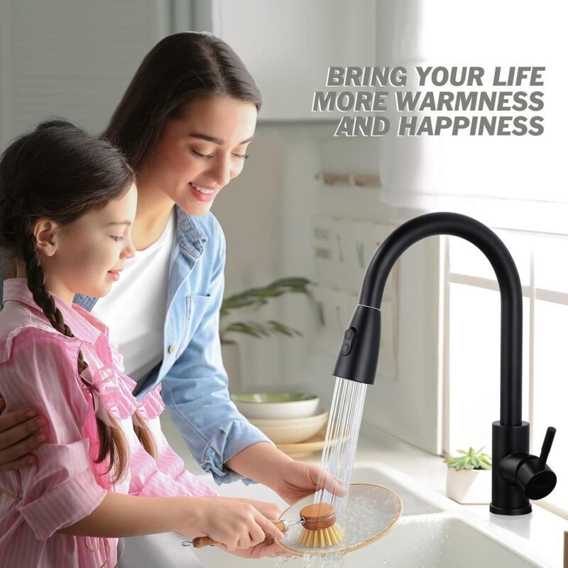 Black stainless steel kitchen mixer tap with pull down sprayer and high spout