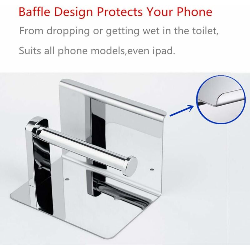 Wall mounted chrome roll holder with shelf above a toilet