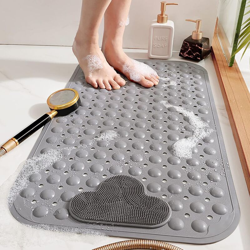 Grey non slip shower mat 41 x 71 cm with foot massage bristle panel