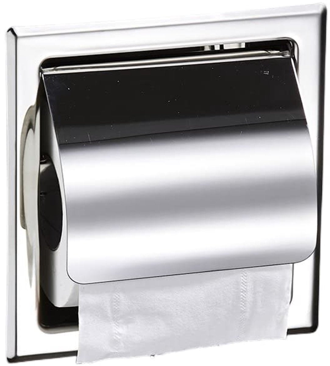 Concealed toilet paper holder with hinged flap cover in stainless steel