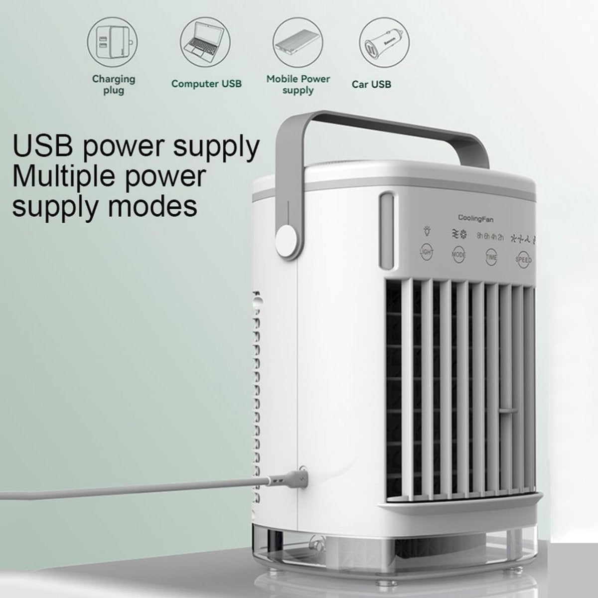 Personal air cooler showing adjustable louvre and control buttons